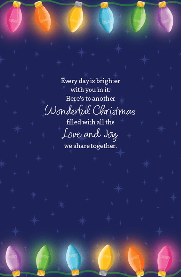Seasonal Heart Bulbs Christmas Card for wife by Pictura, featuring festive holiday design with heart-shaped bulbs.