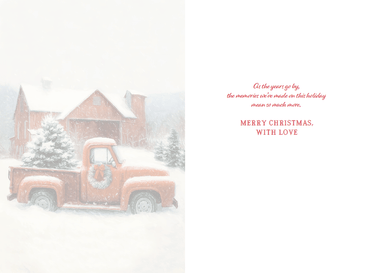 Red truck in snow Christmas card featuring a festive holiday scene, designed by Pictura for seasonal greetings.