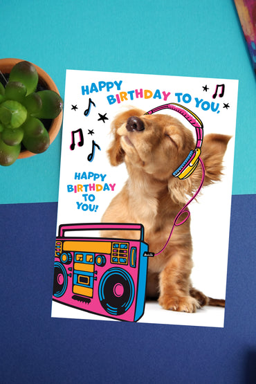 Headphones Puppy Funny Birthday Card