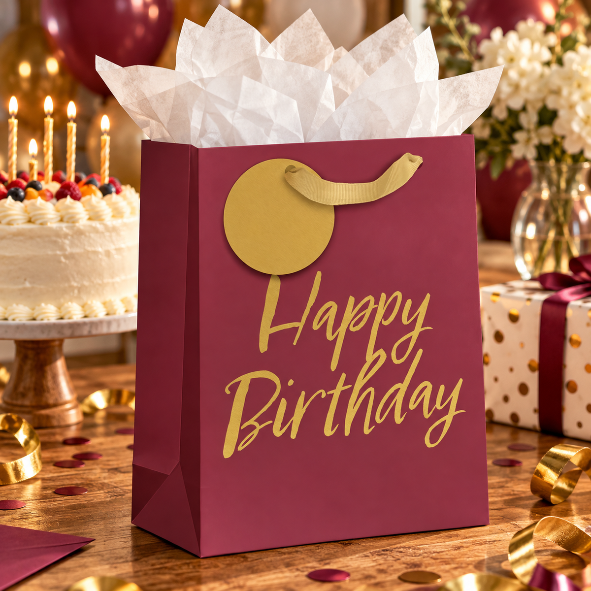 Medium gold and red gift bag with "Happy Birthday" text, perfect for festive celebrations, by AB PICTURA.