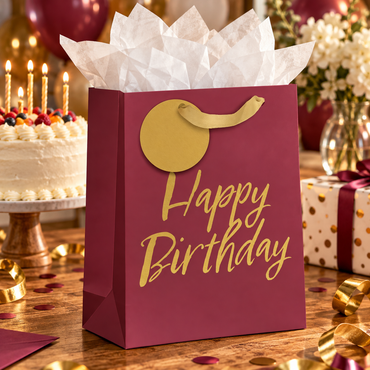 Medium gold and red gift bag with "Happy Birthday" text, perfect for festive celebrations, by AB PICTURA.