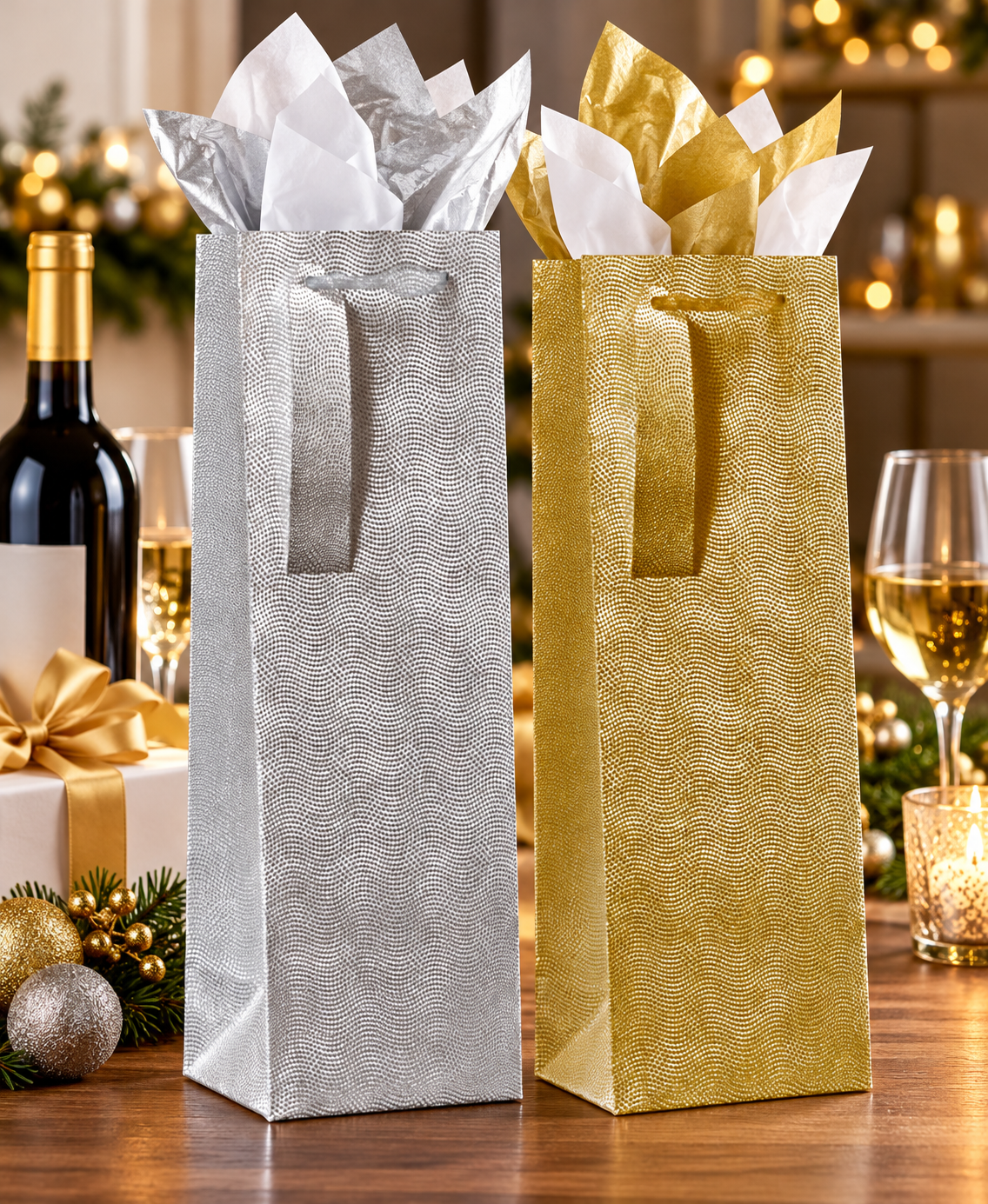 Silver glitter dot gift bag for wine bottles from AB PICTURA, featuring elegant silver and gold design for special occasions.