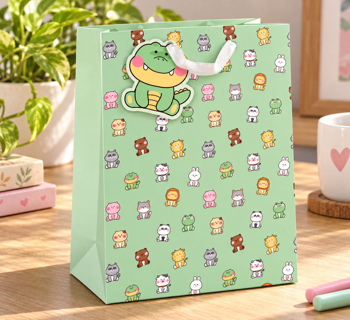Kawaii mint-colored gift bag featuring cute animal illustrations, perfect for wrapping presents from AB PICTURA.