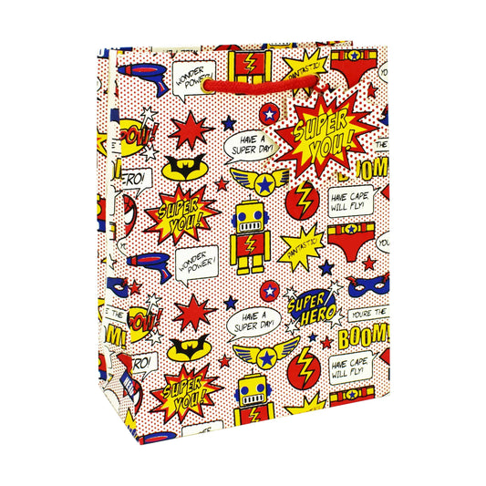 Super Hero themed gift bag by Love Vivid with colorful hero illustrations, perfect for gift packaging.