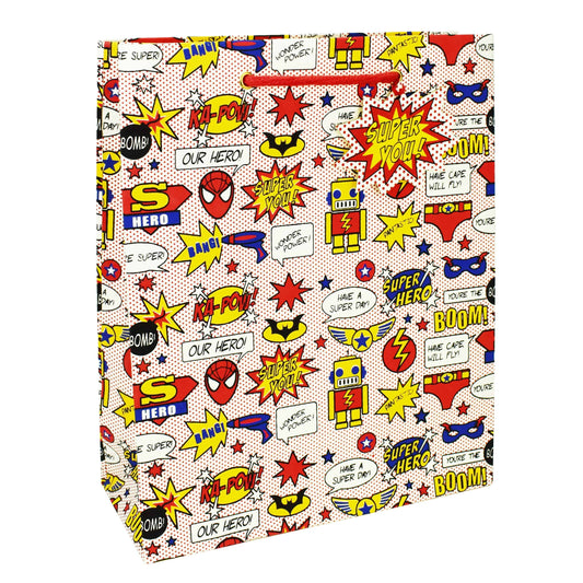 Large gift bag featuring a superhero design from Love Vivid, ideal for festive or themed gift packaging.