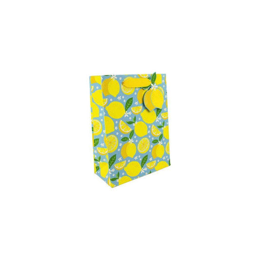 Yellow lemon-themed gift bag with "Lemons Med" design by Love Vivid, perfect for gift wrapping and special occasions.