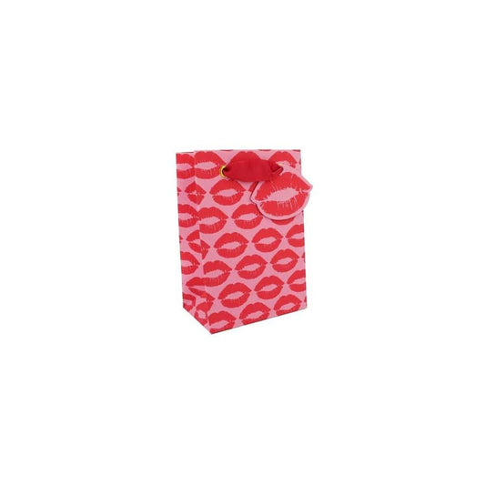 Small gift bag with "Kisses" design from Love Vivid, featuring colorful graphics and a sturdy handle for gift packaging.