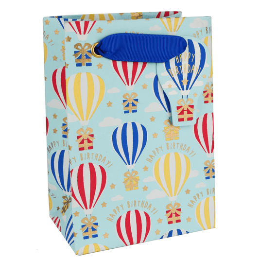 Small gift bag featuring colorful hot air balloons design by Love Vivid, perfect for gifts and party favors.