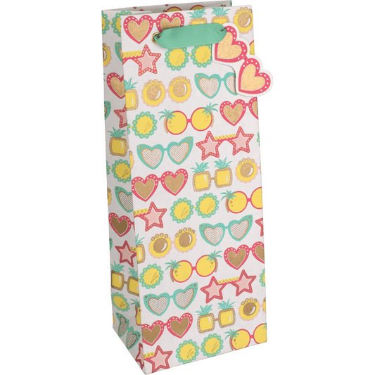 Bright summer-themed gift bag featuring sunglasses and bottle illustrations by Pictura, ideal for summer gift packaging.