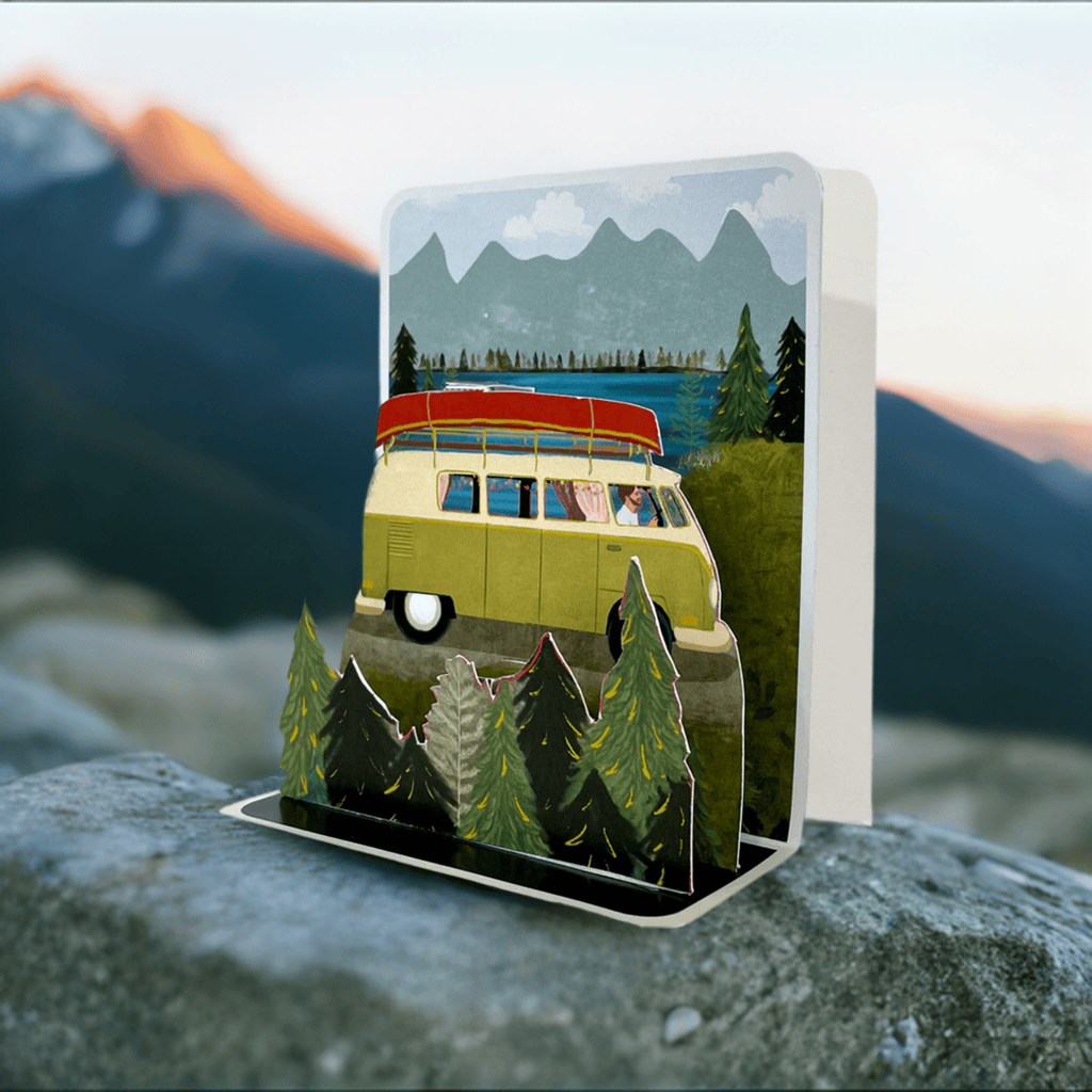 Pictura Camper Small Pop Up Card featuring a detailed paper camper design with vibrant colors and intricate fold details.