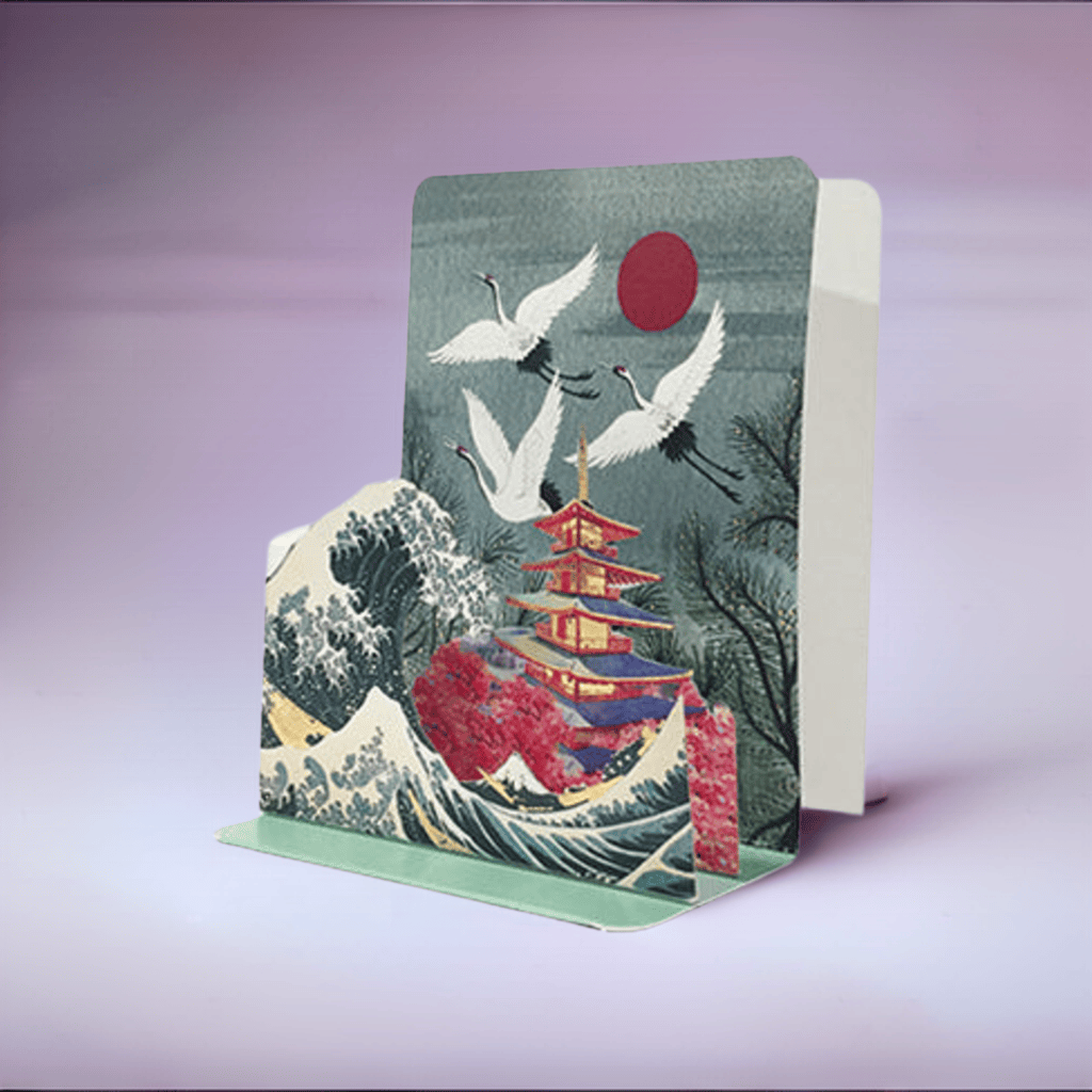 Pictura Cranes Small Pop Up Card featuring detailed paper cranes with vibrant colors and intricate folding design.