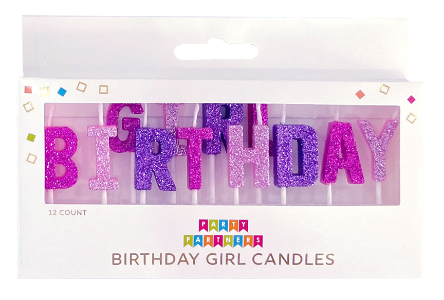 Party Partners candle set featuring B/D girl design, includes decorative candles with colorful and playful patterns.