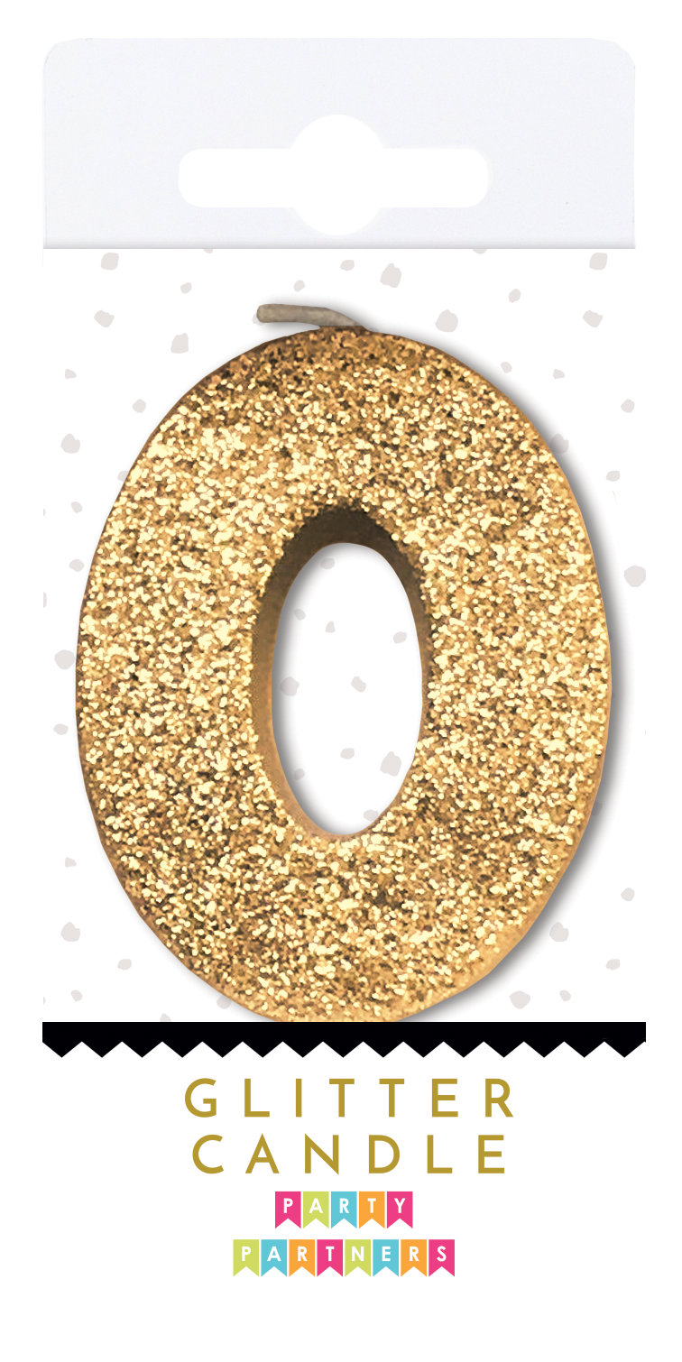 Glitter number 0 candle by Party Partners, decorative candle for celebrations with sparkling gold glitter finish