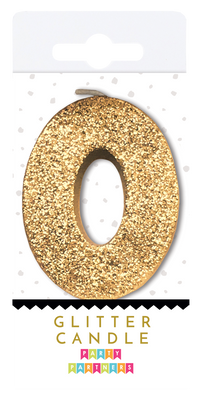 Glitter number 0 candle by Party Partners, decorative candle for celebrations with sparkling gold glitter finish