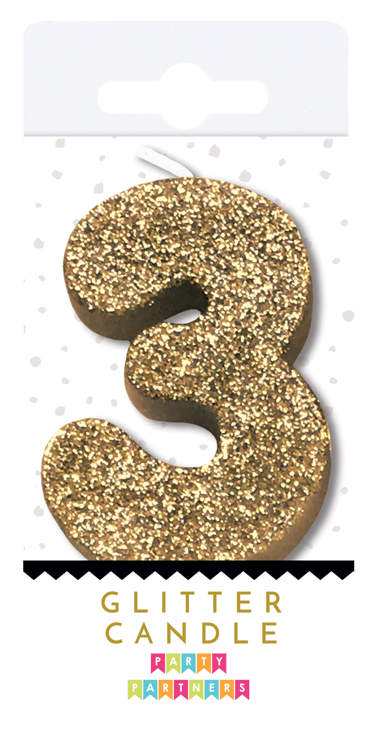 Party Partners glitter number candle 0, decorative candle with sparkling glitter finish for celebrations and events.
