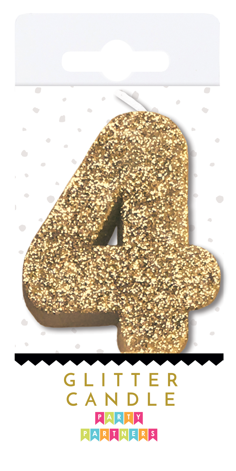 Glitter number 0 candle from Party Partners, decorative candle for celebrations with shiny gold glitter finish.