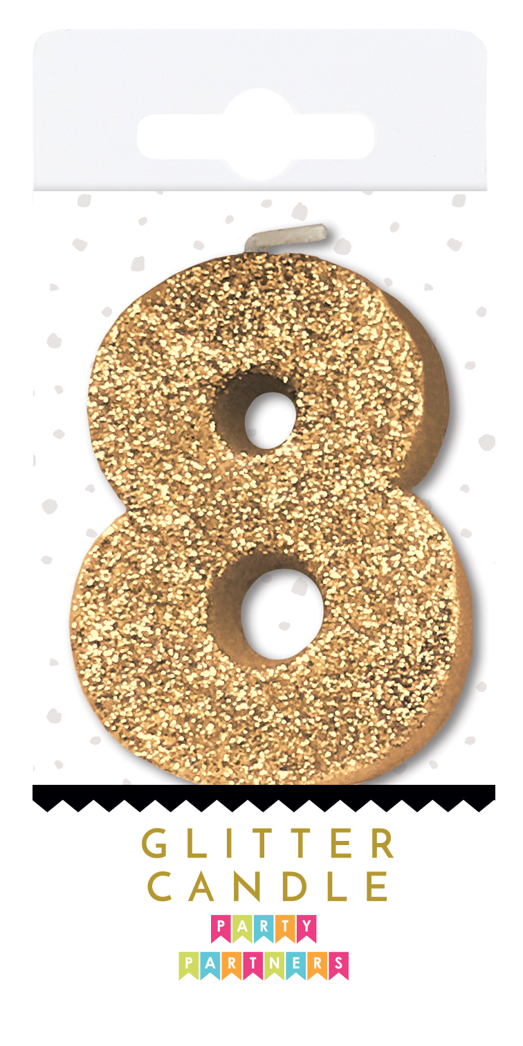 Glitter number 0 candle by Party Partners, decorative birthday candle with sparkly gold finish, perfect for celebration cakes.