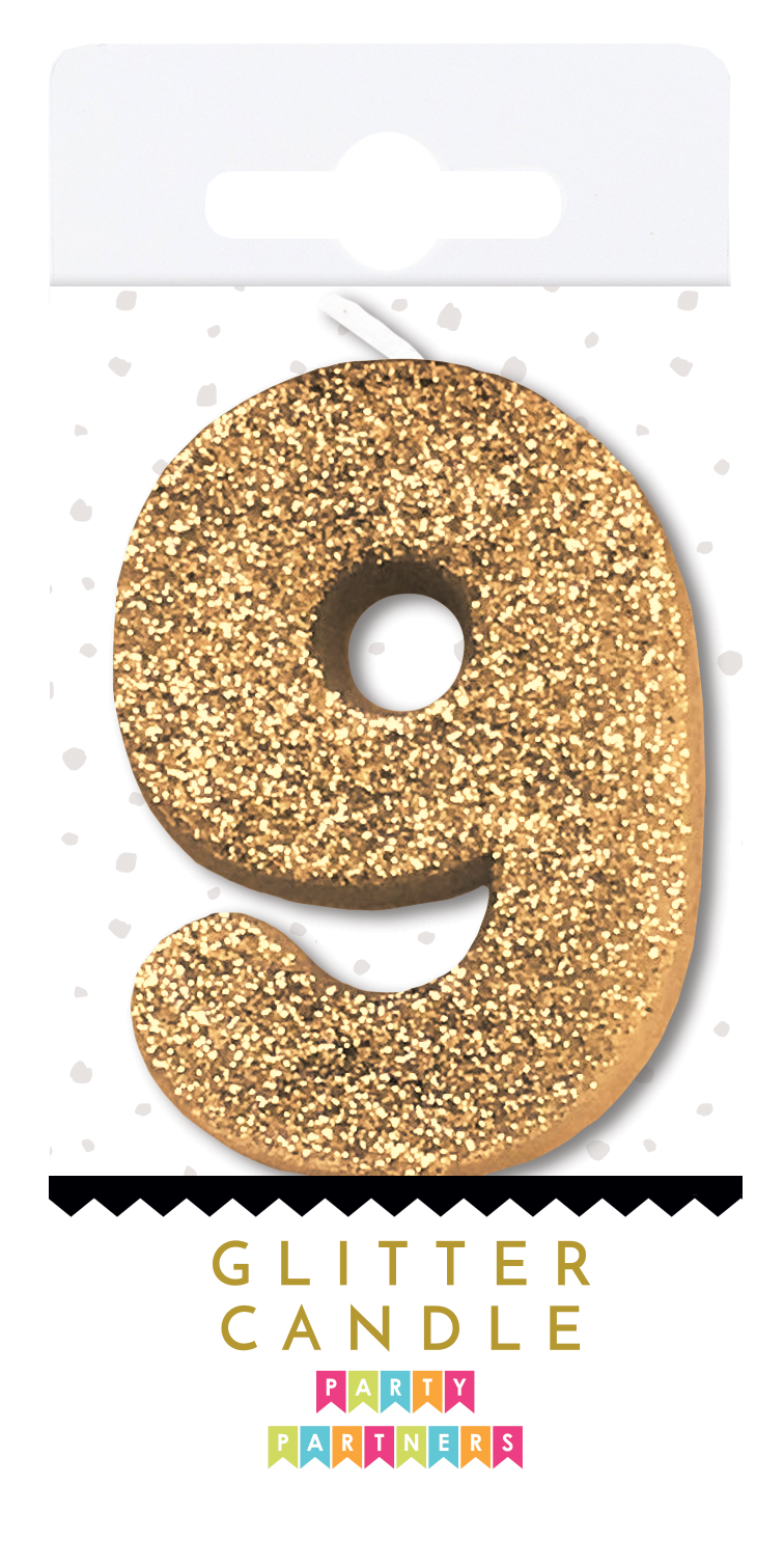 Gold glitter number 0 candle from Party Partners, decorative candle for celebrations with a shiny, sparkly design.
