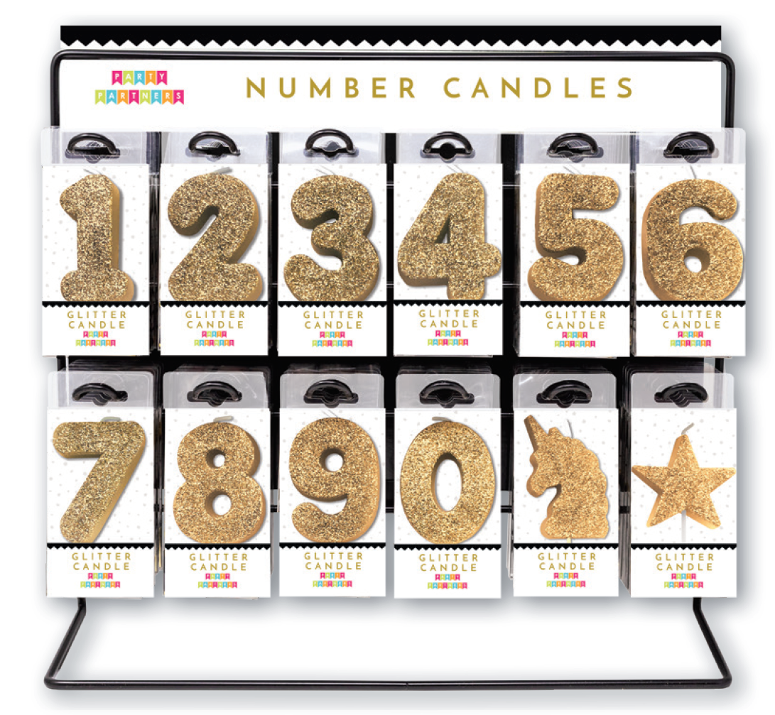 Glitter number 0 candle from Party Partners, decorative candle for celebrations, with shiny glitter finish and number shape.