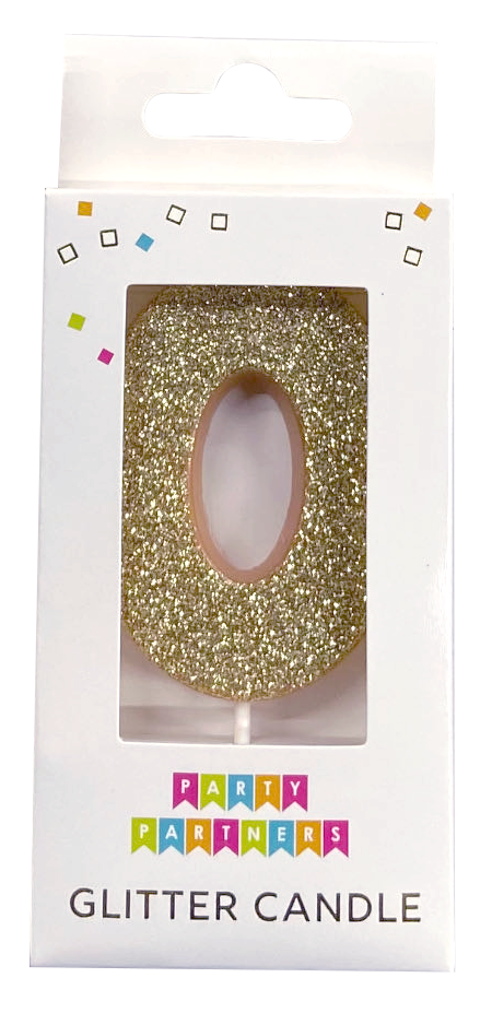 Party Partners glitter number candle 0 with shimmering gold finish, perfect for birthday celebrations and special events.