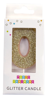 Party Partners glitter number candle 0 with shimmering gold finish, perfect for birthday celebrations and special events.