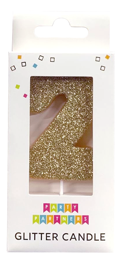 Glitter number 0 candle from Party Partners, decorative candle for celebrations with shimmering gold glitter finish.