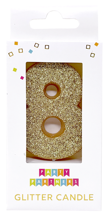 Glitter number 0 candle from Party Partners, decorative candle for celebrations, featuring sparkly gold glitter and a number zero design.