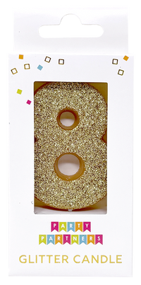 Glitter number 0 candle from Party Partners, decorative candle for celebrations, featuring sparkly gold glitter and a number zero design.