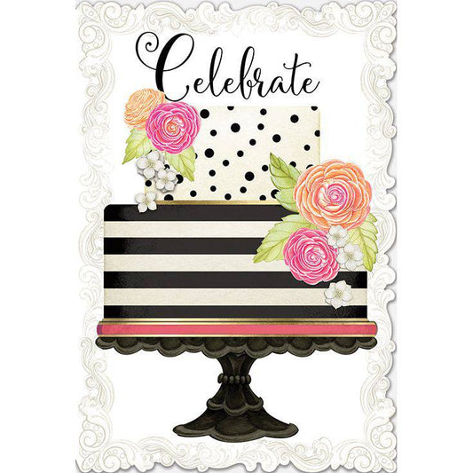 Celebrate Cake Birthday Card from Pictura's Sienna's Garden collection, featuring colorful floral and cake illustrations.