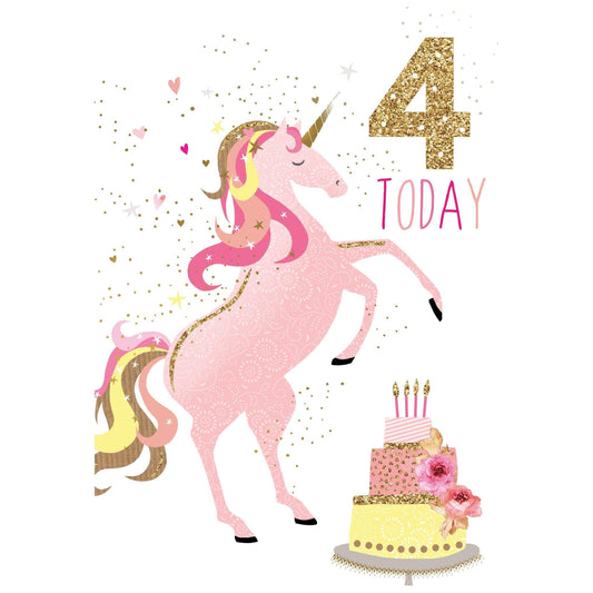 Colorful unicorn birthday card from Pictura's Sara Miller 4th birthday collection featuring whimsical unicorn illustrations.