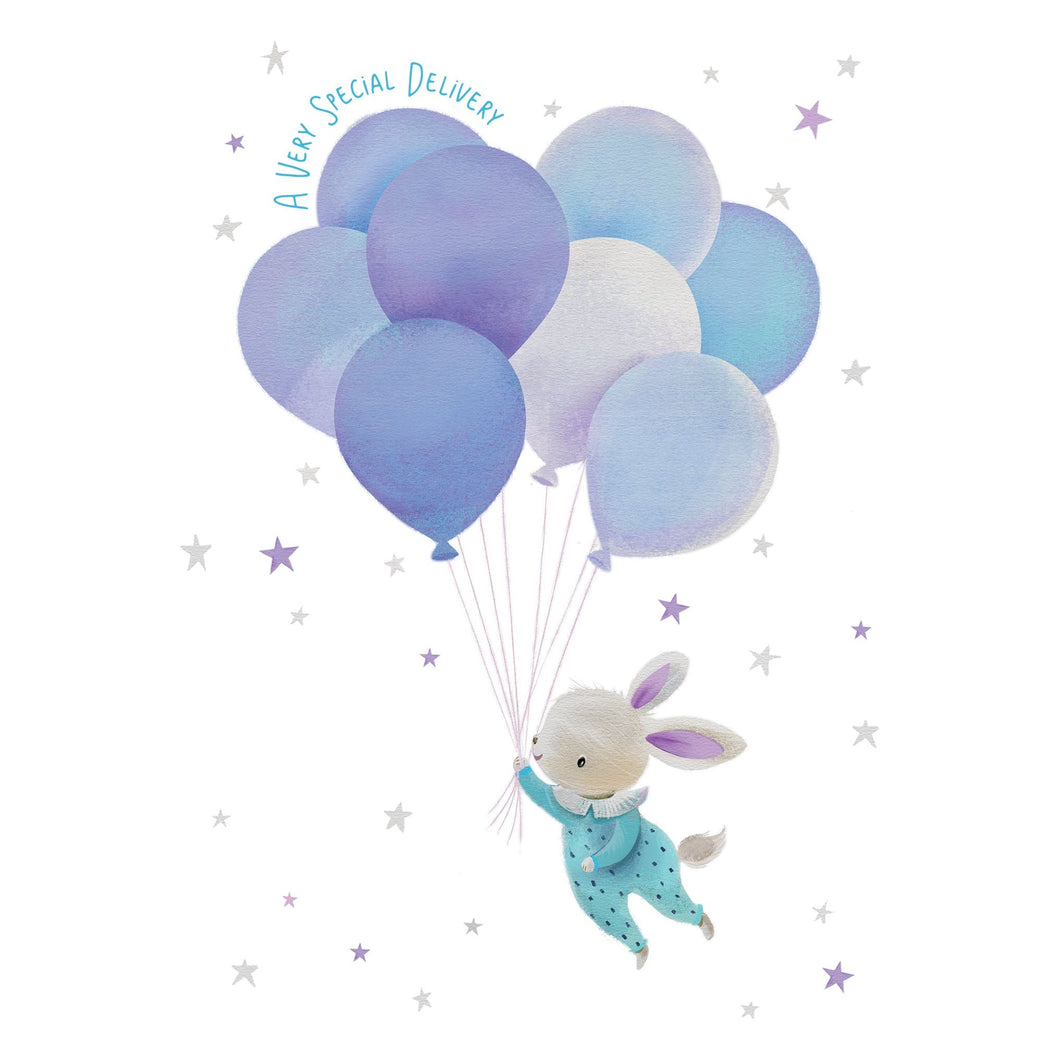 Blue Bunny Balloons Baby Card