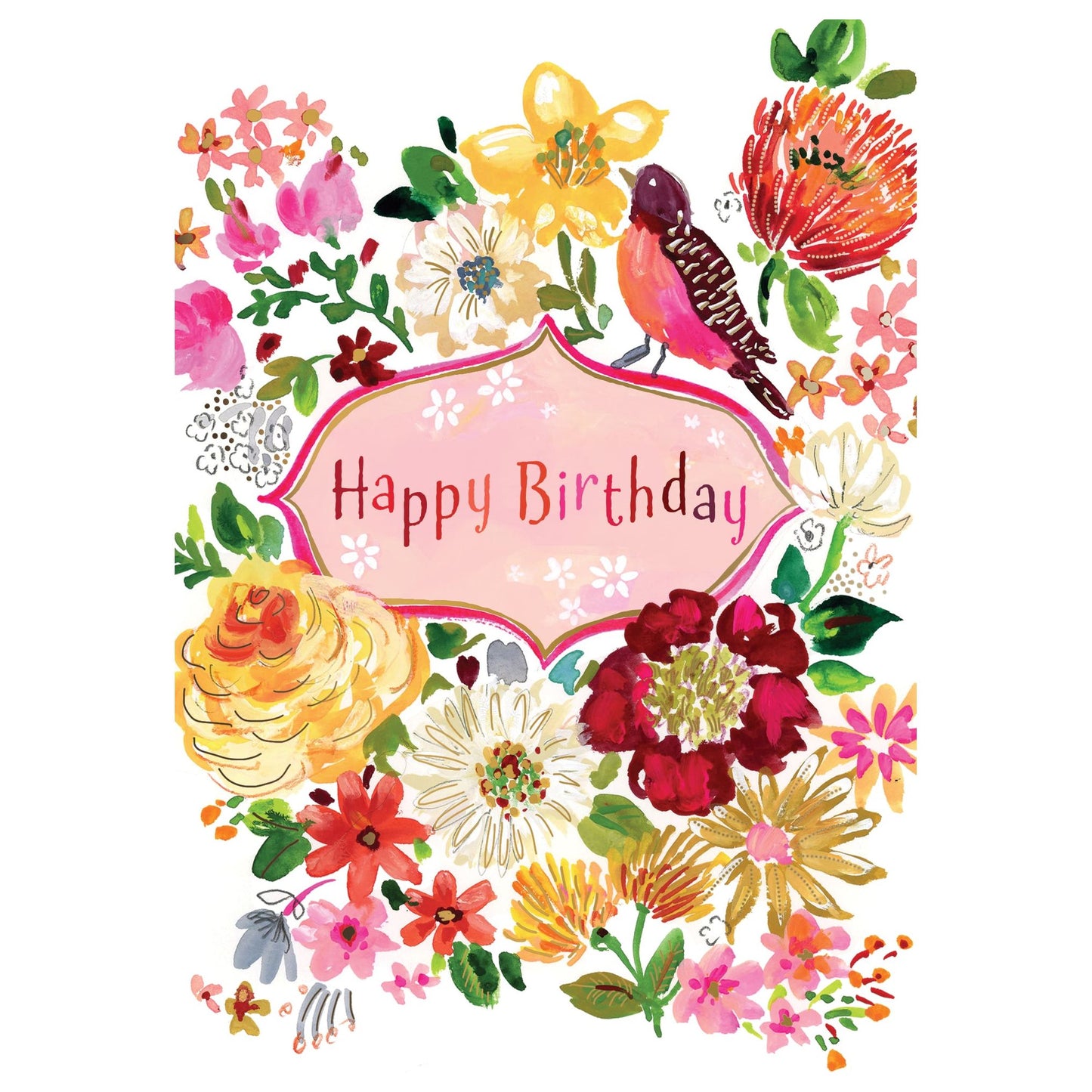 Wren & Flowers Birthday Card