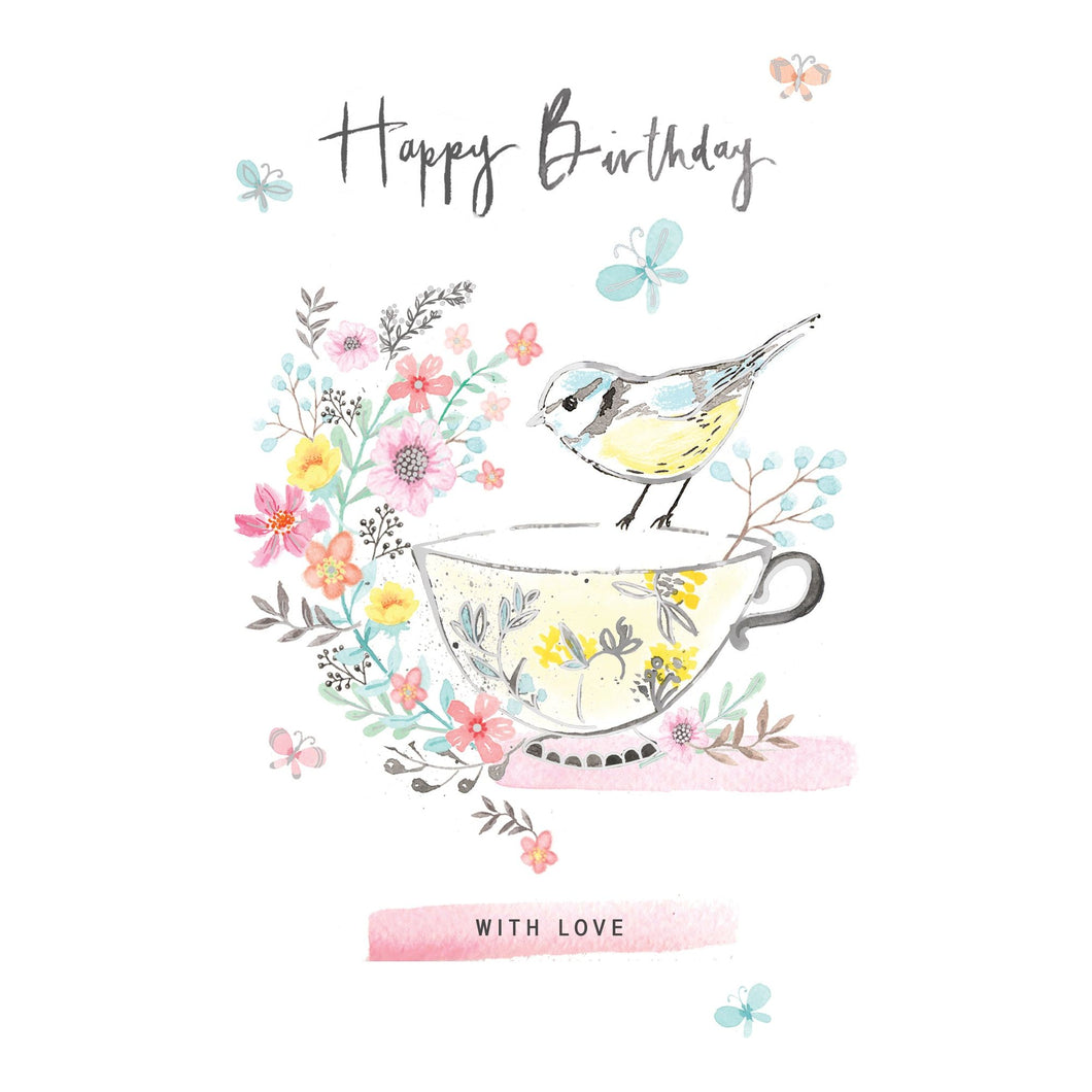 Pastel Teacup Bird Birthday Card