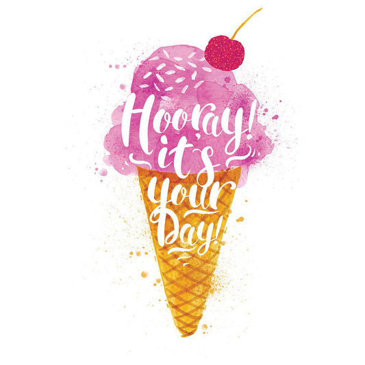Pictura ice cream cone birthday card featuring colorful ice cream scoop illustrations on a cheerful background.