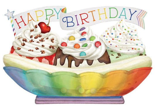 Pictura Banana Split Birthday Card featuring colorful illustrations of a banana split dessert on a cheerful greeting card design.