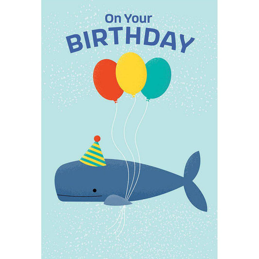 Whale with balloons birthday card from Pictura featuring a cheerful whale holding colorful balloons for celebration.