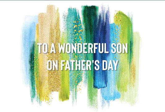 Pictura Brushstrokes Father's Day card featuring a son, with colorful abstract artwork and heartfelt message for Father's Day celebration.