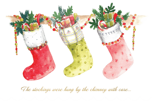 Watercolor Christmas card featuring festive holiday design with stockings, by Pictura.