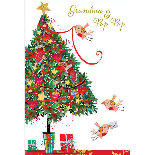 Pictura Christmas card featuring colorful birds decorating a tree, perfect for grandparents and holiday greeting occasions.