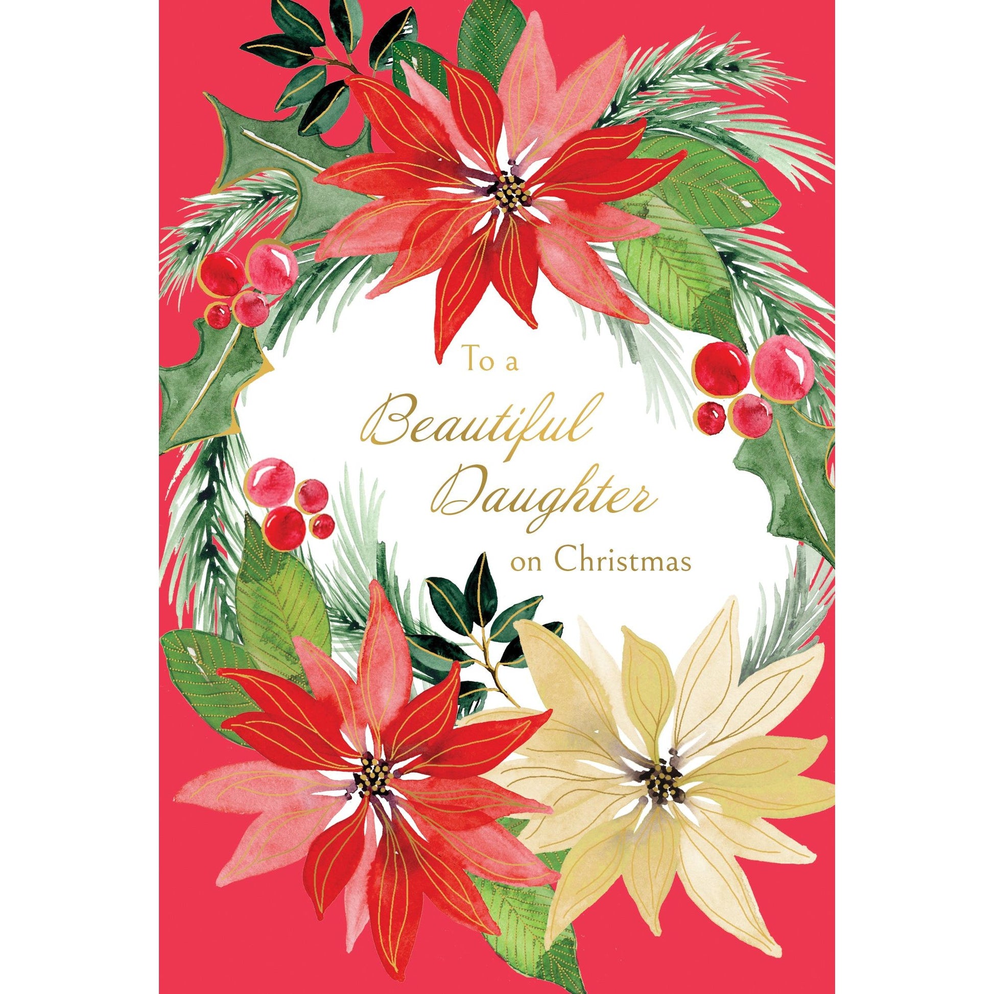 Poinsettias Wreath Christmas Card Daughter - Cardmore