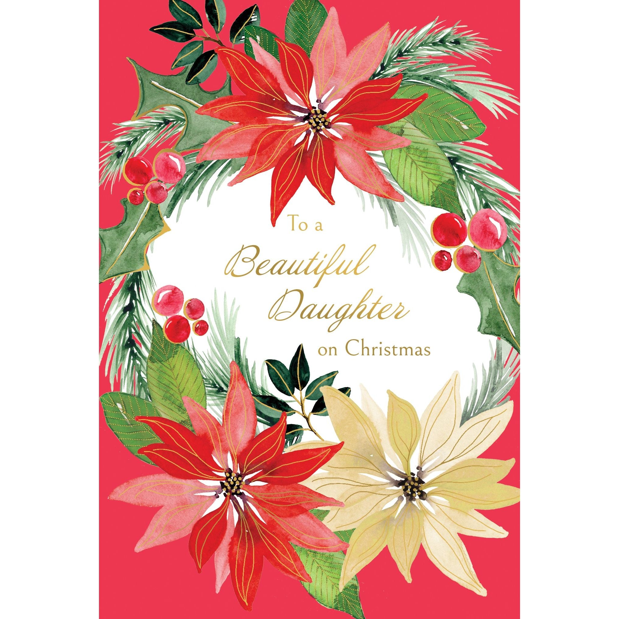 Poinsettias Wreath Christmas Card Daughter - Cardmore
