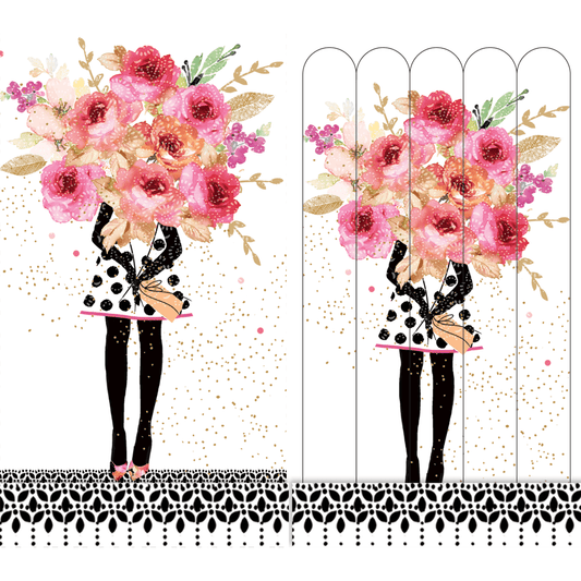 Beauty product image of Sara Miller girl with bouquet design on Pictura Emery boards, featuring floral artwork and vibrant colors.