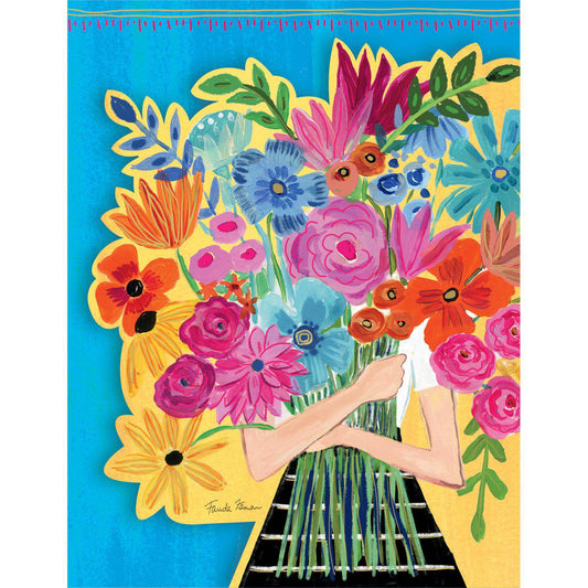 Pictura Purse Pad featuring a girl with flowers, decorative accessory for handbags with floral design and colorful artwork.