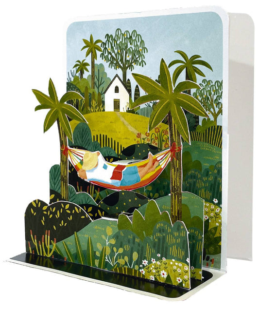 Small Pictura hammock pop-up card featuring a colorful, detailed paper hammock scene for greeting or special occasions.