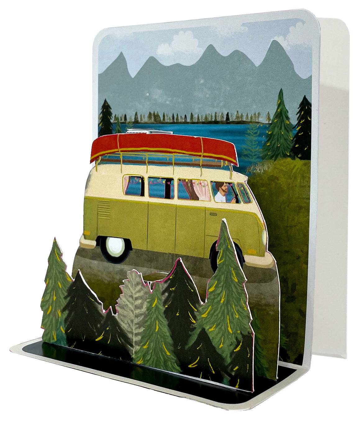 Pictura Camper Small Pop Up Card featuring a detailed paper camper that folds flat and pops up into a miniature camper scene.