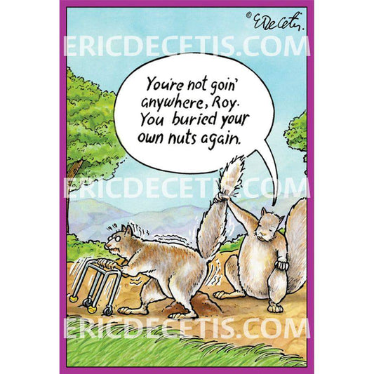 Buried Nuts birthday card by Pictura featuring colorful cartoon illustrations on a cheerful greeting card design.
