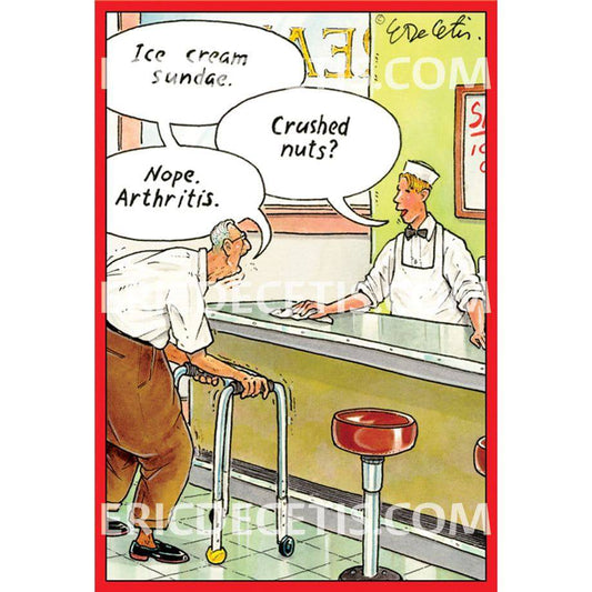 Crushed nuts Get Well card by Pictura featuring colorful, textured nut illustrations on a cheerful greeting card.