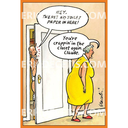 Pictura Claude in Closet birthday card by Eric Decetis featuring a whimsical illustration of a person in a closet.