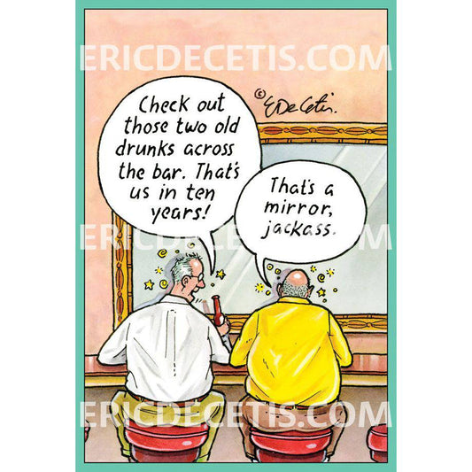 Pictura Drunks Across Bar birthday card featuring humorous illustration of people at a bar, designed by Eric Decetis.