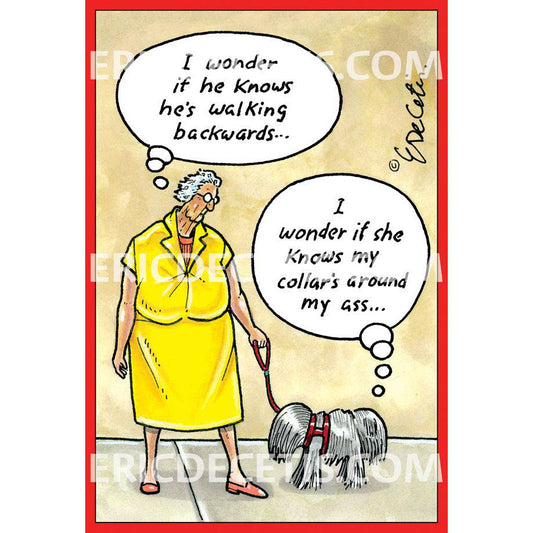 Dog Walks Backwards birthday card by Pictura featuring playful dog illustration on the front, suitable for everyday greeting cards.